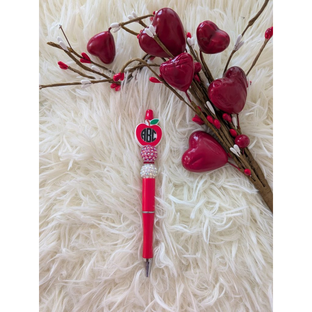Teacher Apple Pen Red/White with Rhinestones and ABC Monogram